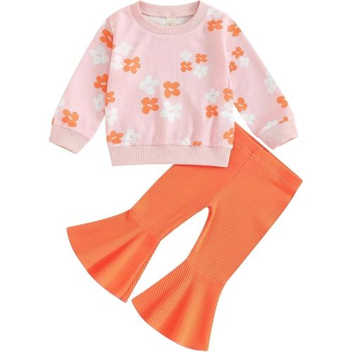 Baby Girl Fall Winter Clothes Floral Knit Crewneck Sweatshirts Flare Pants Set Toddler Bell-Bottoms Outfits