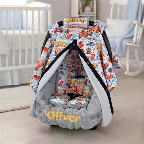 Personalized Disney Cars Baby Car Seat 5pc Set - Embroidered Minky Liner - Baby Boy Car Seat Accessories - Head & Body Support Insert