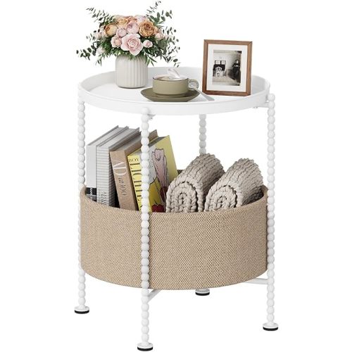 YINMIT Round Side Table with Fabric Storage Basket, Metal End Table, Bedside Nightstand,Sofa Coffee Side Table for Living Room，Bedroom, Office, Balcony