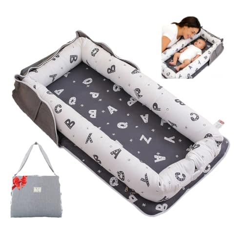 Baby Lounger for Newborn Portable Bag,Baby Nest Play Gym mat with Strap,Newborn Lounger Adjustable Size & Inner Zipper Lengthen Space to 24 Months(Letter Gray)