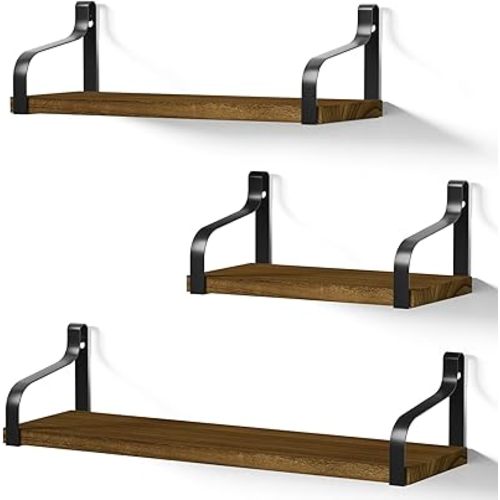 Love-KANKEI Floating Storage Wall Shelves Mounted Set of 3, Rustic Wood for Bedroom, Living Room, Bathroom, Kitchen and More Light Walnut