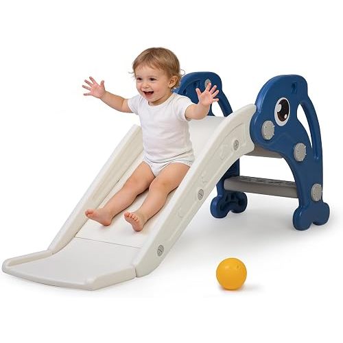 NYEEKOY 3 in 1 Toddler Slide Playset, Baby Slide with Basketball Hoop and Ball, Indoor and Outdoor Playground for Kids