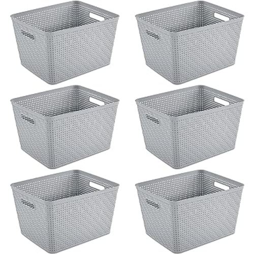 Sterilite 14"Lx8"H Rectangular Weave Pattern Tall Basket w/Handles for Bathroom, Laundry Room, Pantry, & Closet Storage Organization, Cement (6 Pack)