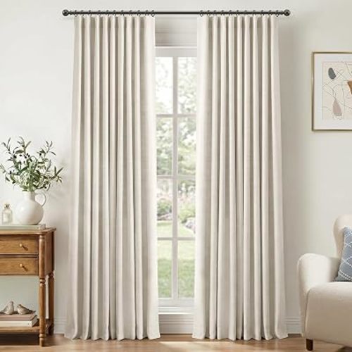 Linen Textured Total Blackout Curtains for Bedroom 84 inch Long, Beige