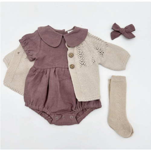 Peter Pan Collar Linen Bubble Romper + Bow | Allie – Olive and Cradle