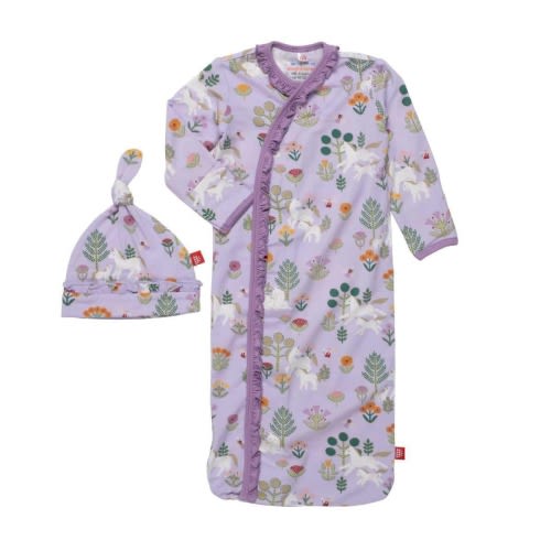 folk magic modal magnetic cozy sleeper gown + hat set with ruffles