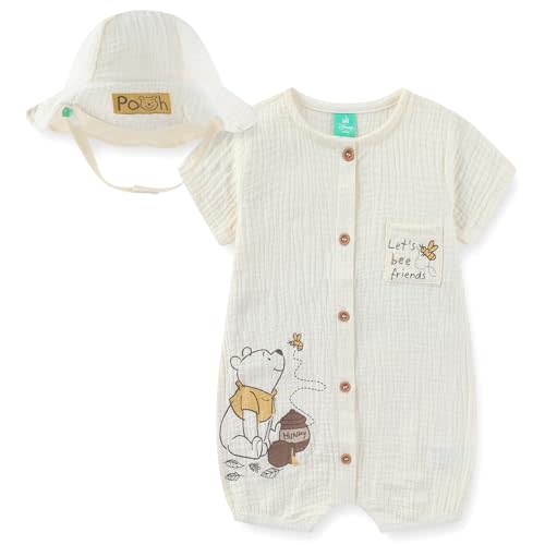 Disney Pooh Baby Boys Gauze Romper with Bucket Hat 2 Piece Set for Infant