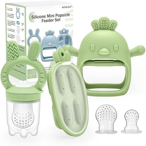 Baby Food Fruit Feeder & Mini Freezer Nibble Tray, Breastmilk Popsicle Molds for Baby Cooling Relief, BPA Free Safe Infant Self Feeding, Silicone Baby Teething Toys for Boys and Girls