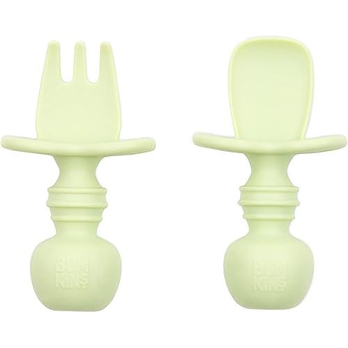 Bumkins Baby Utensils Set, Chewtensils Silicone Spoons for Dipping, Self-Feeding, Baby Led Weaning, Trainer Learning, First Stage Eating, Soft Practice Fork and Spoon, Babies 6 Months, Sage Green