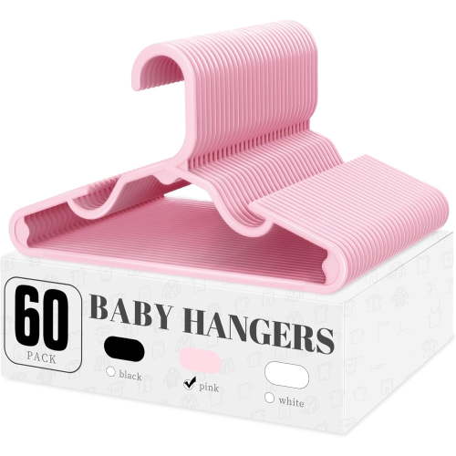 Cozymood Kids Plastic Hangers, 60 Pack Non-Slip Baby Clothes Hangers, Toddler Hanger for Infant Child Clothing Pants Coats Skirts, Pink