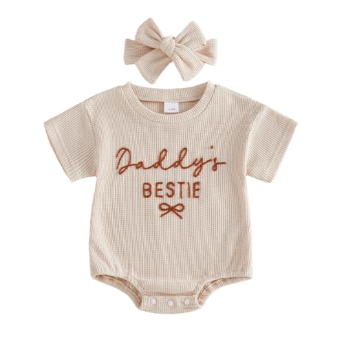 Baby Girl Clothes Daddys Girl Outfit Cute Letter Embroidered Waffle Bubble Romper Onesie Tee Shirt