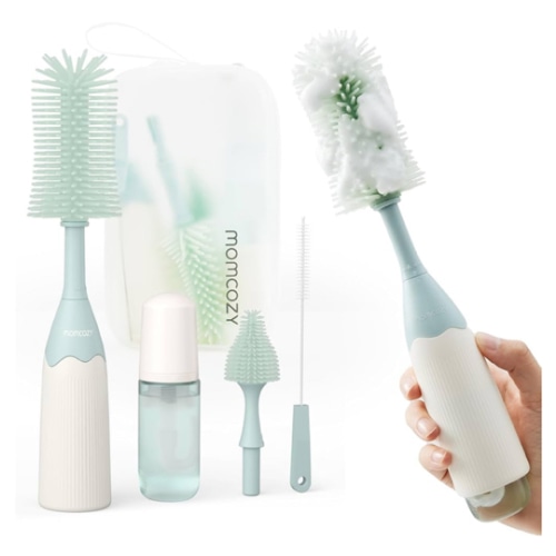 Momcozy Bottle Brush Kit, Innovative Push-Press Design for Better Cleaning - Baby Bottle Cleaner Brush for Baby Bottle, Breast Pumps, Nipples, and More - Can Generate Foam for Better Cleaning, Green
