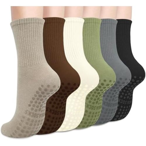 Justay 6 Pairs Pilates Socks with Grips for Women Soft Non Slip Crew Cotton Athletic Workout Barre Hospital Yoga Socks