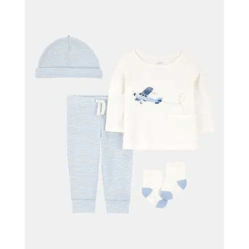 Baby 4-Piece Airplane Print Outfit Set - Blue