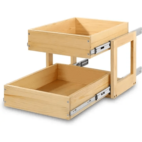 Pull Out Cabinet Organizer, 14''W×21''D×16''H Soft Close Slide Out Wood Drawer Shelves Storage for Kitchen, 2-Tier, Finished, Heavy-Duty, Bottom Assembly