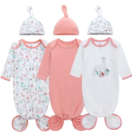 Miracle Baby Newborn Knotted Gown with Hat Set, 3 Pack Newborn Nightgowns, Baby Sleeper Gowns with Mitten Cuffs for Girls 0-6 Months
