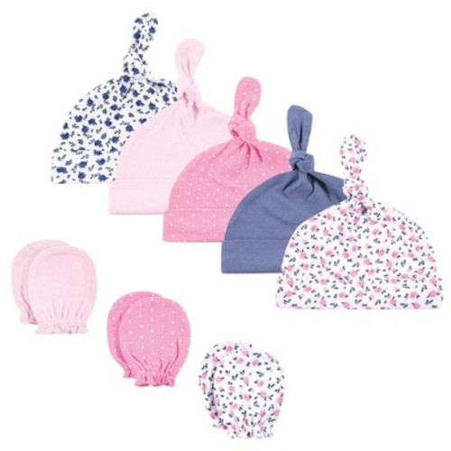 Hudson Baby Infant Boy Cotton Cap and Scratch Mitten Set, Blue Pink Floral, 0-6 Months