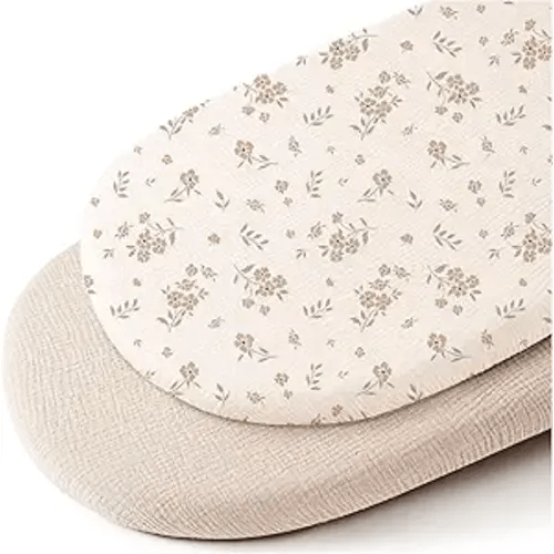 Konssy Muslin Bassinet Sheets for Baby Girl Boy, 2 Pack Soft Breathable Baby Bassinet Mattress Sheets Fit for Hourglass Oval Cradle, Moses Basket Rectangle Mattress (Blossom,Cream)