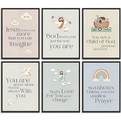 6Pcs Nursery Bible Verse Canvas Wall Art Christian Education Posters Prints Children's Bible Inspirational Quote Wall Decor Pictures for Nursery Kids Bedroom Classroom Home Decoration Unframed