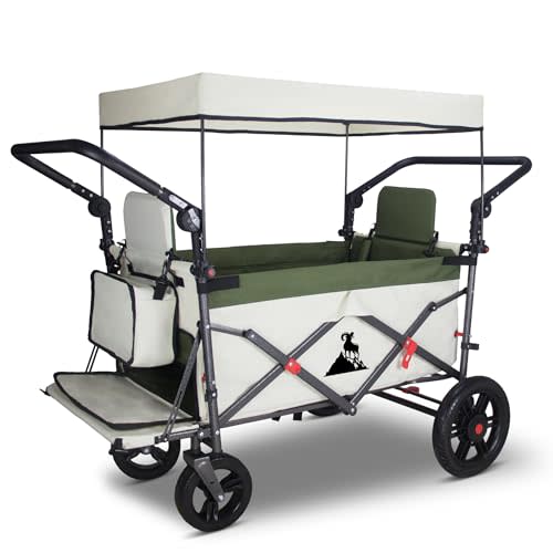 TOPWELL Foldable Wagon with Canopy - Collapsible Utility Cart with 2 Seats & Belts, Adjustable Handle, Expandable Front for Camping, Picnic, Shopping (Beige/Green)