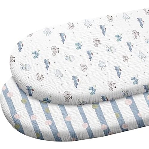 Muslin Bassinet Fitted Sheets, 2 Pack for Baby Boy and Girl, Soft Breathable Baby Pad/Mattress Sheet, Fit for Hourglass Oval and Rectangle Bassinet Mattress (Cute Cars)