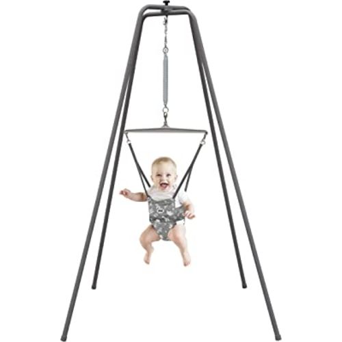 Jolly Jumper Elite (Grey Safari) Baby Exerciser - Sturdy Frame, 6 ft Tall Stand Baby Jumper, Indoor and Outdoor Exercise Saddle Seat, Adjustable Height, for Infants up to 28lbs