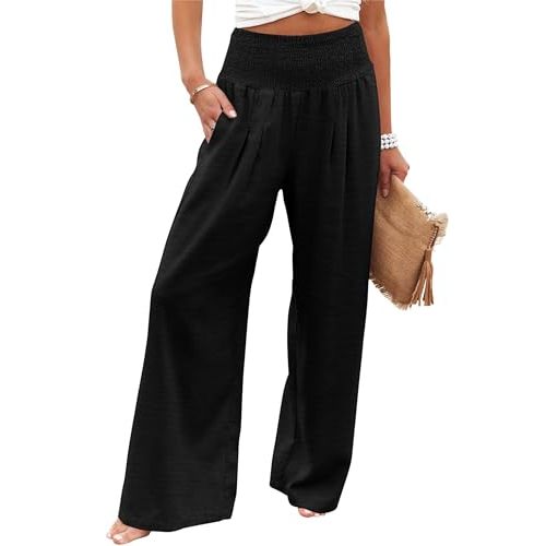 Womens High Waisted Wide Leg Palazzo Pants Casual Lounge Boho Flowy Pants with Pockets