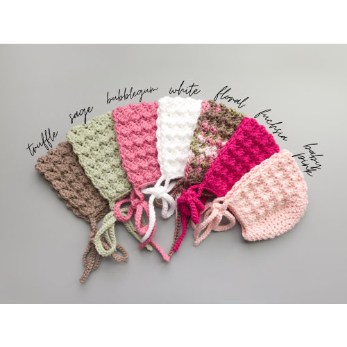Crochet Baby Bonnets in White, Dusty Pink, Sage, Fuchsia, and Floral from sizes Newborn to Toddler, Baby Girl Hat, Handmade Baby Present