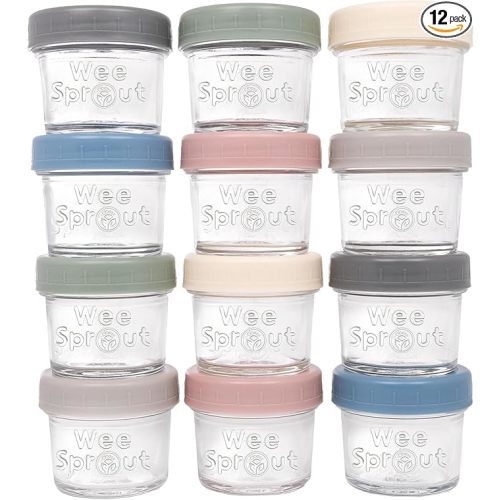 WeeSprout Glass Baby Food Storage Jars w/Lids (4 oz, 12 Pack Set) Snack, Puree, Reusable Small Containers, Breast Milk, Fridge or Freezer, Microwave & Dishwasher Safe, Essential Must Have for Infants