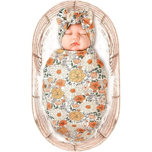 Konssy Baby Girl Newborn Receiving Blanket with Headband Set Baby Swaddle Nursery Swaddle Wrap