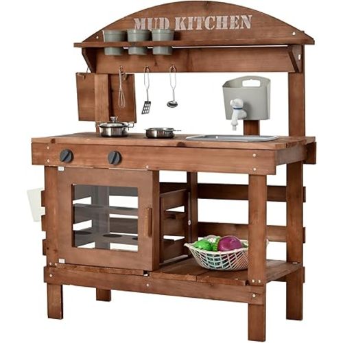 Mud Kitchen for Kids Outdoor 31.5in, Wooden Play Kitchen with Accessories for Kids Play Kitchen Set with Sink, Faucet, Plants Observation Room for Backyard Garden