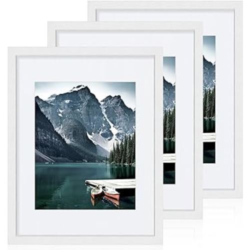 11x14 Picture Frames set of 3, Made of Glass and White Wooden Photo frame - Displays 8x10 Picture with Mat or 11 x 14 Poster without Mat, Wall Collage Frame set