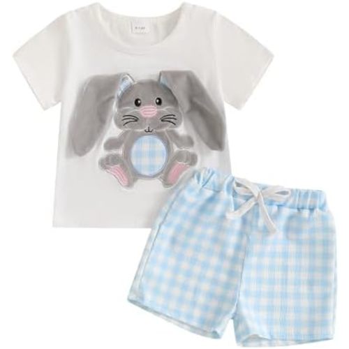 Toddler Baby Boy Summer Outfits Short Sleeve Embroidered T Shirt Tees + Striped/Plaid Shorts Infant Clothes Set