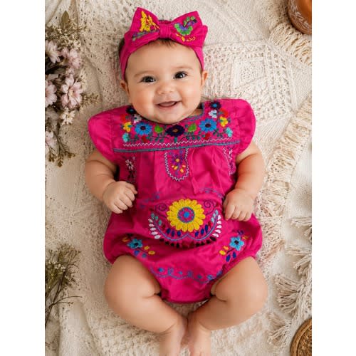 Mexican Puebla Baby Romper – Traditional Puebla Dress Style Infant Outfit with Snap Bottom, Colorful Mexican Baby Girl Clothing 0-24 Months