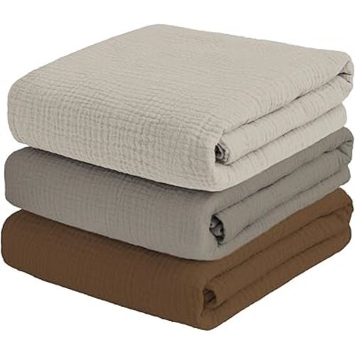 Muslin Swaddle Blankets for Baby Boy, Receiving Blankets for Boys Nursery Large 47 x 47 Inches Soft Breathable Skin-Friendly Cotton Blanket for Newborn 3 Packs, Cream White Stone Coffee
