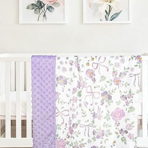 Baby Blanket for Girls, Super Soft Double Layer Minky Blankets with Dotted Backing, Purple Floral Toddler Newborn Nursery Bed Blanket, 30 X 40 Inches