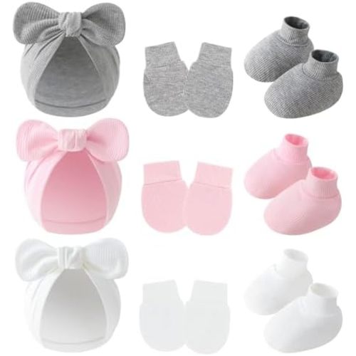 9 Pieces Newborn Baby Hat No Scratch Mittens and Socks Set Cotton Infant Hair Bow Turban Beanie Cap