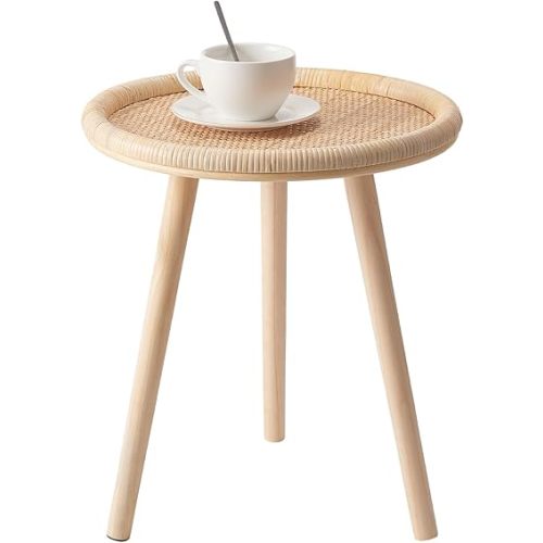 Small Side Table, Rattan Round Coffee Table, Boho Circle Side Tables End Table for Living Room, Mid Century Accent Table for Bedroom Balcony