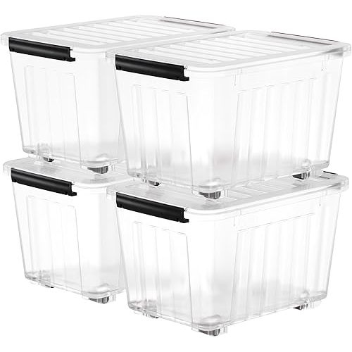 97 Quart Plastic Storage Bin On The Wheels, Stackable and Nestable Storage Boxes with Lids and Secure Latching Buckles, Large Storage Container (Clear, 97Quart-4Pack)