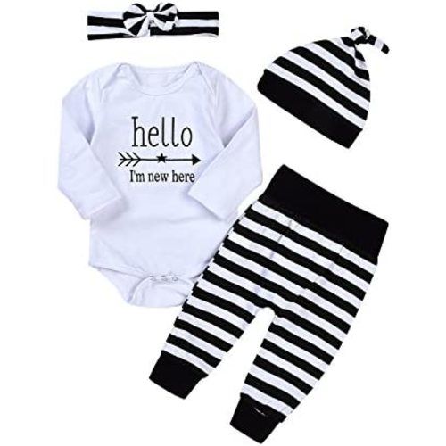 Newborn 4pcs Set Outfit Striped Hoodie with Romper Jumpsuit+ Striped Long Pants and Hat