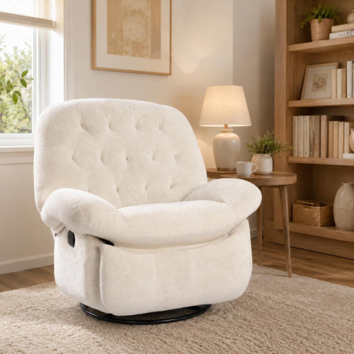 George Oliver Beige Chenille Swivel Rocker Recliner with Side Pocket, 360° Rotating Glider Chair with 135° Recline & Footrest for Nursery & Living Room | Wayfair