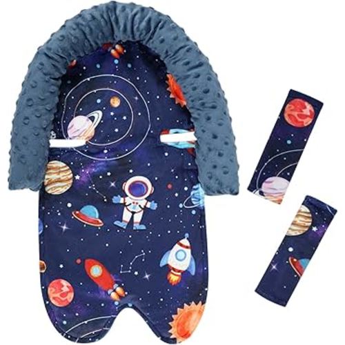 Baby Head Support and Strap Cover for Car Seat, Mink Infant Carseat Headrest for Boys, Newborn Car Seat Insert Cushion for Strollers, Space