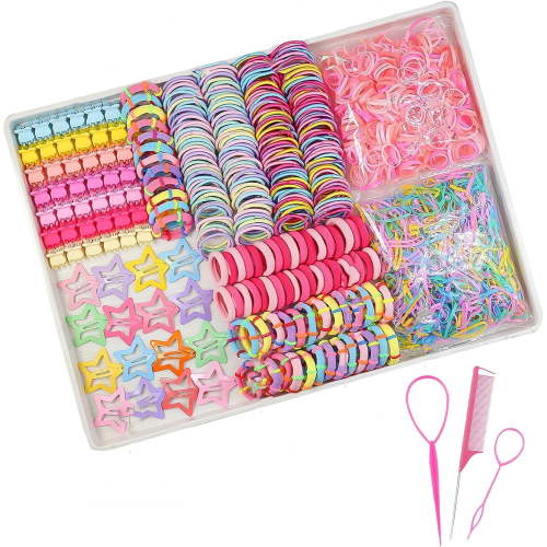 875 Pcs Elastic Hair Bands Hair Ties for Little Girls, Hair Rubber Bands with Tail, Snap Hair Clips, Hair Bobbles, Includes 3 Hair Picks & Organizer Box, Kids Hair Accessories