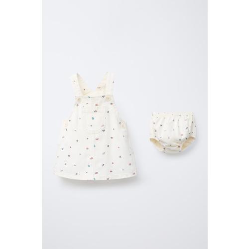 FLORAL TWILL PINAFORE DRESS AND BLOOMERS - Ecru | ZARA United States