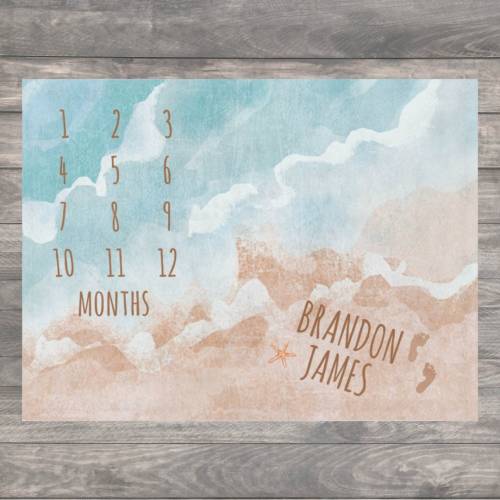 Beach Baby Milestone Blanket, Personalized Name Ocean Month Blanket, First Year Calendar Monthly Name Growth Tracker, Baby Shower Gift