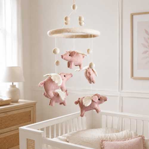 Handmade Wool Felt Flying Pig Baby Mobile, Pink Farm Animal Nursery Decor