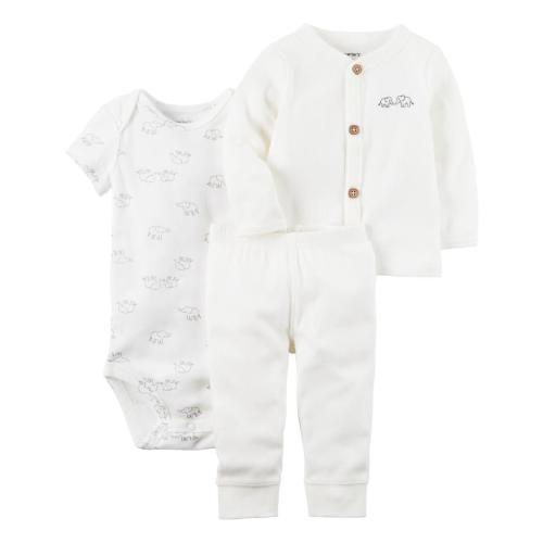 Carter's 3 Piece White Button Down Cardigan, Elephant Printed Bodysuit and Pant Set
