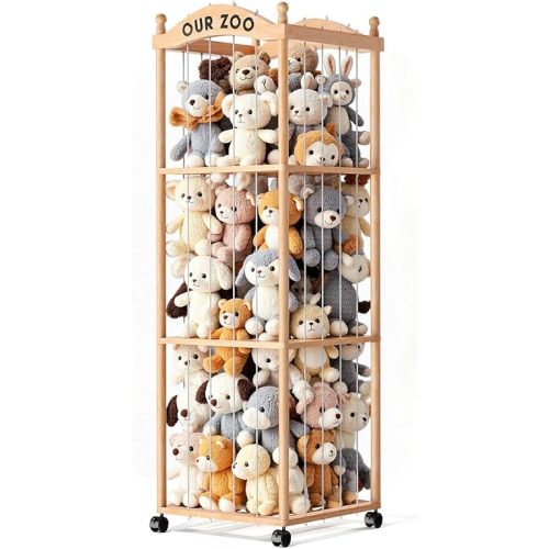 Stuffed Animal Storage Zoo Tower, Large Capacity Wooden Stuffed Animal Holder with Wheels, Space-Saving Toy Storage Organizer, Stuffy Plushies Storage for Nursery, Playroom & Bedroom