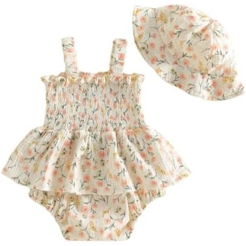 Seyurigaoka Infant Baby Girl Outfit Summer Clothes Floral Boho Smocked Romper Sleeveless Bodysuit Sundress with Hat