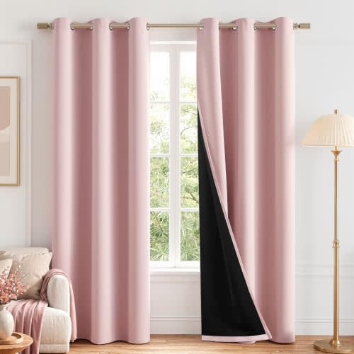 MIULEE Light Pink 100% Blackout Curtains for Bedroom 84 Inch Long, 2 Thick Layers Thermal Insulated Black Out Window Curtains with Black Liner, Noise Reducing Living Room Drapes 2 Panels